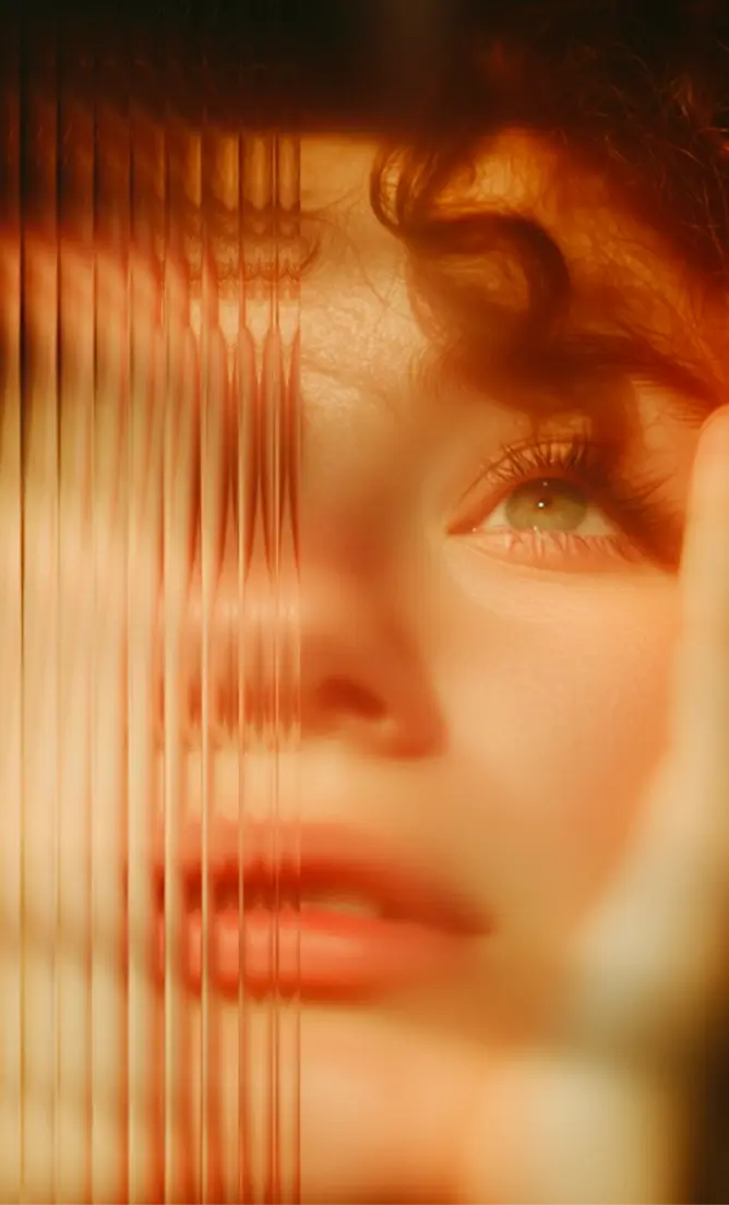 Close-up of a person's face with curly hair and green eyes distorted by a vertical glass prism.