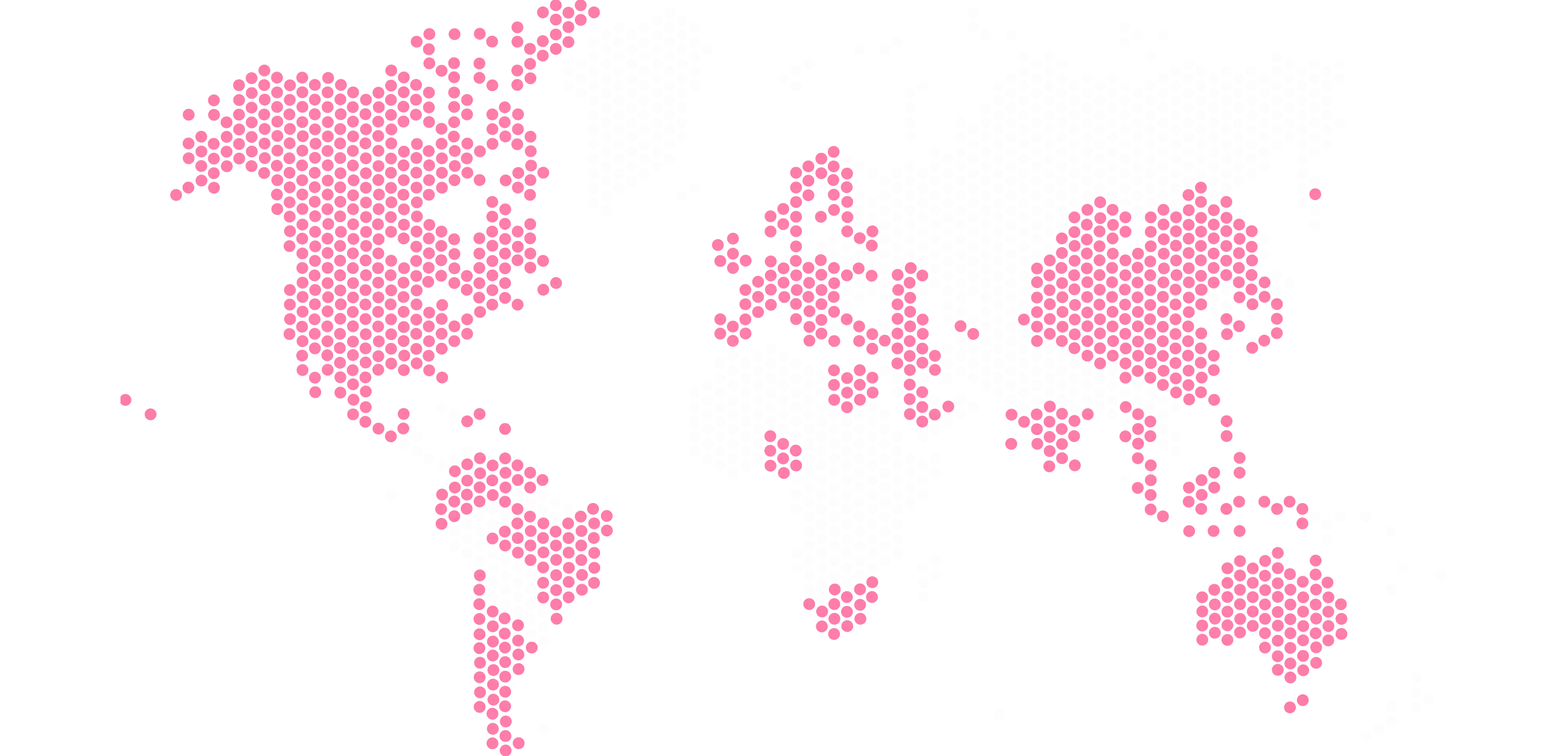 World map with hexagonal grid highlighting regions in pink across North America, South America, Europe, Russia, parts of Asia, and Australia.